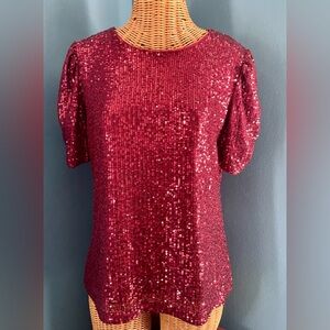 DKNY Red Sequin Sparkle Women’s Holiday Party Top. Size Large. Stretchy.
